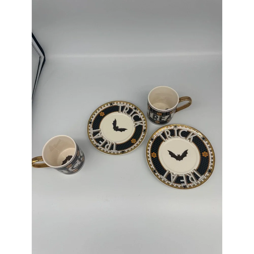 Anthropologie Bistro Tile Trick or Treat Espresso Cup and Saucer Set Halloween